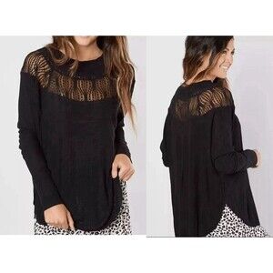 Free People Top Womens Small Black Waffle Knit Lace Accent Spring Valley Blouse